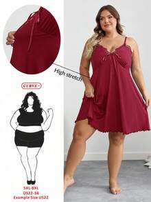 SHEIN CURVE+ Curve 大码/秋装/秋季女装/女冬装/冬装大码女式黑色蕾丝拼领吊带裙 - 酒紅色 - 查看 1