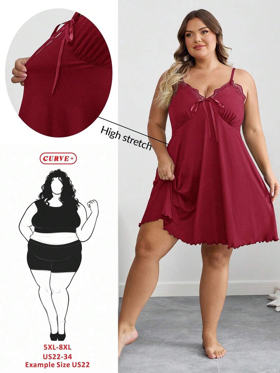 SHEIN CURVE+ Curve 大码/秋装/秋季女装/女冬装/冬装大码女式黑色蕾丝拼领吊带裙 - 酒紅色 - 查看 1