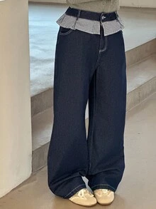 DAZY 少女宽松阔腿牛仔裤，格子拼接，荷叶边腰身，休闲秋季校园风 - 深色水洗藍 - 查看 6