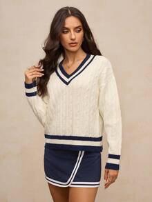 Activina Sweter damski w paski z dekoltem w serek i długimi rękawami, z warkoczowym wzorem