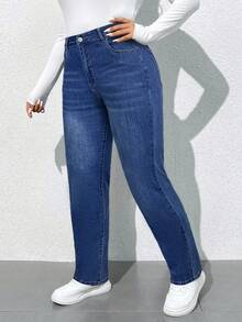 SHEIN Tall CURVE 大码时尚休闲水洗猫须斜口袋弹力牛仔裤 - 中等水洗藍 - 查看 4