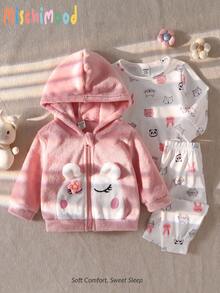 Baby Girls' Pink Rabbit Animal Plush Jacket & Pants Casual Comfortable Loungewear Set Fall Winter - Pink - View 1