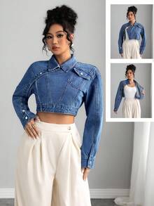 Elenzga Women's Fashion Asymmetrical Short Denim Jacket - Blue - View 1