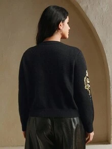 Anewsta Áo khoác len cardigan họa tiết hoa đính đá thêu, thích hợp cho mùa thu, mùa đông, đi chơi, thanh lịch, trang trọng, tiệc tùng, sang trọng, năm mới, giáng sinh, công sở, tốt nghiệp, đám cưới - màu đen - Xem 2