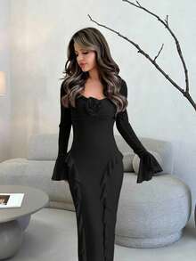 Jemour Elegant Women Going Out Outfit, Sweet Ruffled Long Sleeve Crop Top, Fall Outfit For Casual Date, Party, Event - 3D Floral Decor Long Dress, - Black - View 5