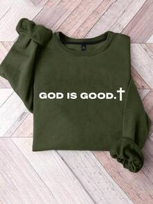 EMERY ROSE Plus-Size Women's Casual "GOD IS GOOD" Lettering Printed Sweatshirt Winter Fall Autumn - Army Green - View 1
