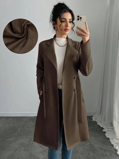 SHEIN PETITE 女士优雅纯色仿麂皮中长款常规夹克