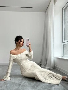 Rafferiza 白色蕾丝露肩修身中长款紧身连衣裙女装 - 杏色 - 查看 4