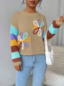 EMERY ROSE Áo len họa tiết hoa 3D dài tay kẻ sọc thường ngày dành cho nữ, mùa thu - Màu Khaki - Xem 5