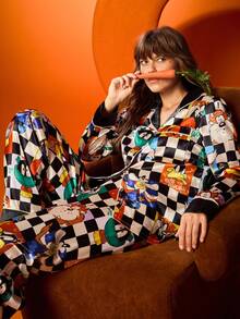 Chillnights X LOONEY TUNES Women's Cartoon Pattern Satin Button Up Top & Pants Pajama Set, Fall Winter Clothes - Multicolor - View 6