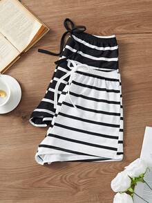 Snug Zone 女士简约日常黑白条纹两件套睡眠短裤 - 黑與白 - 查看 3