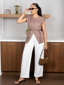 Melissa Matos Áo cánh tay tròn màu trơn cho nữ, mùa hè - Màu Khaki - Xem 1