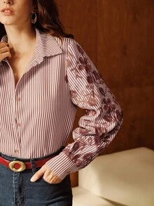 Anewsta 女款藍白條紋寬鬆休閒拼接刺繡襯衫，優雅辦公上衣，適合秋冬春夏，時尚商務派對工作穿搭 - 彩色 - 查看 4