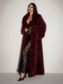 SHEIN ICON Y2k 女式勃艮第哥特式派对时尚长款人造毛皮大衣，冬季大衣，毛皮大衣，泰迪大衣 - 紅色 - 查看 7