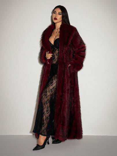 SHEIN ICON Y2k Women's Halloween Burgundy Gothic Party Fashionable Long Faux Fur Coat, Winter Coat Fur Coat Teddy Coat,Fall