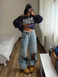 StreetHx 女式复古 1985 星形印花斜肩卫衣，海军蓝朋克宽松轻盈超大卫衣，秋季 - 藏蓝色 - 查看 4