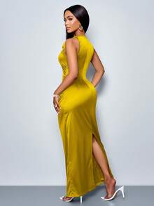 SOLERSUN Đầm dự tiệc không tay xếp nếp cổ tròn màu trơn thanh lịch dành cho nữ, hoàn hảo cho tiệc tối - Màu Mù tạt vàng - Xem 2