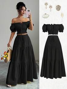 Elenzga New Women's Off Shoulder Puff Sleeve Front Tie Bow Waist Flared A-Line Skirt Set, Vacation Casual Fashion Young Daily Versatile Flattering Elegant - Black - View 4