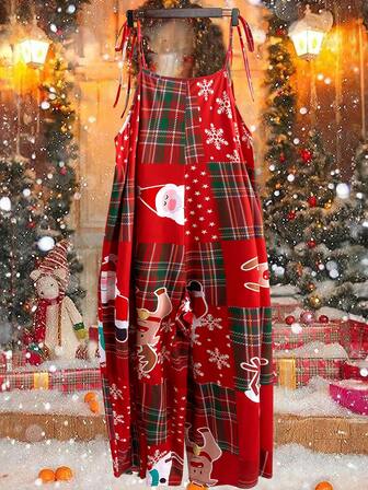 EMERY ROSE Christmas Women's Plus Size Casual Loose Fit Childlike Mushroom Print Floral Suspender Sleeveless Splicing Lace Hem Jumpsuit Vacation Off The Shoulder Summer Women Outfit Boho Maxi Baggy Pants Western Wear