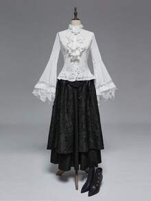 ROMWE EDITION Gothic Dark Style Lace Bell Sleeve Hem Women Blouse, Suitable For Halloween