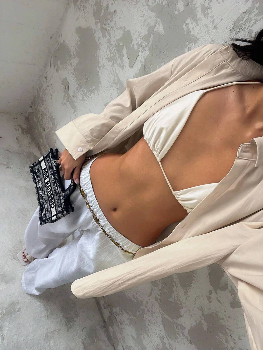 Glamine 休闲超大杏色长袖女式衬衫，简约日常秋季衬衫 - 杏色 - 查看 1