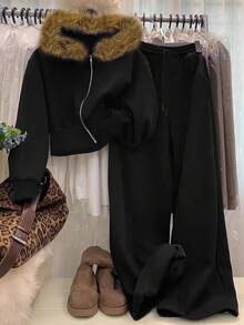 INAWLY 2 件女士天鹅绒运动服秋冬新款毛领拉链夹克 + 阔腿裤时尚运动休闲套装 - 黑色 - 查看 1