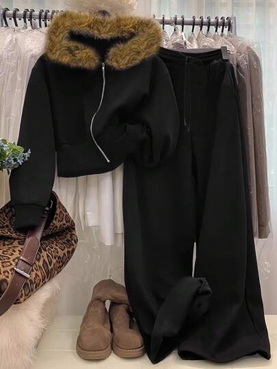 INAWLY 2 件女士天鹅绒运动服秋冬新款毛领拉链夹克 + 阔腿裤时尚运动休闲套装