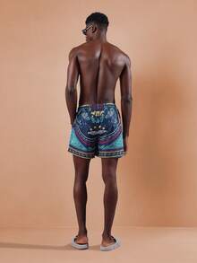 SUMWON 奢华沙滩抽绳泳裤图案印花沙滩裤波浪边夏季度假泳裤弹性腰部 - 彩色 - 查看 6