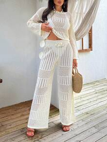 EURMUSE Ivory Open-Knit Two-Piece Set With Flared Pants And Long-Sleeve Top, Featuring A Lightweight And Breathable Fabric For Boho-Chic Styles Women For Summer - Cream - View 6