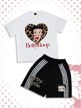 Betty Boop | ROMWE Men's Leopard Cartoon Figure Graphic Short Sleeve T-Shirt And Striped Print Shorts Set
