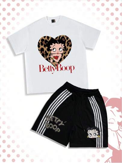 Betty Boop | ROMWE Conjunto de camiseta de manga corta con estampado gráfico de figura de dibujo animado de leopardo y pantalones cortos con estampado de rayas para hombre