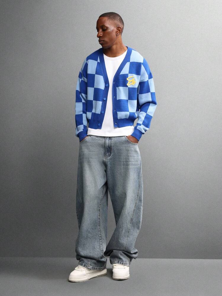 Two Tone Checkered Cardigan With V Neck Front Buttons