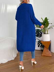 EURMUSE Áo khoác cardigan dài tay trơn, trang phục thường ngày giản dị, áo khoác cardigan màu đỏ tía, áo khoác cardigan dài dành cho nữ, áo len cardigan dài - Xanh đậm - Xem 2