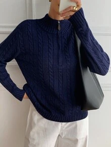 DAZY Áo len dệt kim dáng rộng thêu hình kỳ lân thời trang thu đông cho nữ, có khóa kéo nửa - Màu xanh hải quân - Xem 6