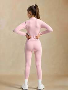 Sparklyn 青少年女孩粉色长袖拉链夹克和交叉腰带紧身裤瑜伽套装、运动服 - 粉色 - 查看 3