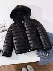 SHEIN 1 pieza Abrigo acolchado con capucha para niñas, unicolor, simple y versátil, para otoño/invierno