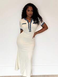 Alexandranx Váy thanh lịch tương phản mùa hè dành cho nữ - Màu be - Xem 1