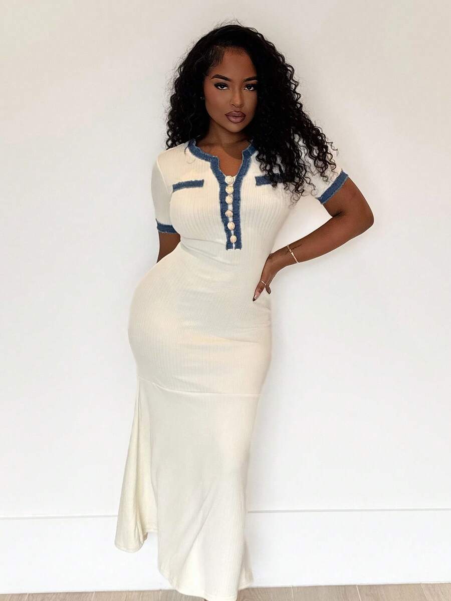 Alexandranx Váy thanh lịch tương phản mùa hè dành cho nữ - Màu be - Xem 1