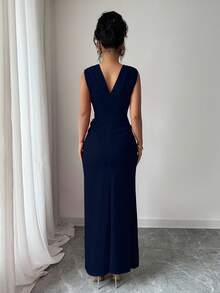 Rafferiza Women's Formal Dress, Slit Pleated Slimming Dress - Navy Blue - View 2