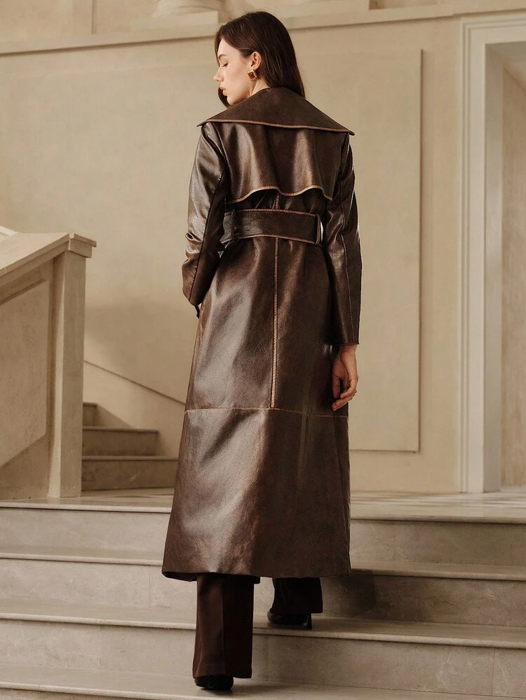 Women's Brown PU Distressed Long Jacket, Belted Waist, Regular Fit Outerwear For Winter