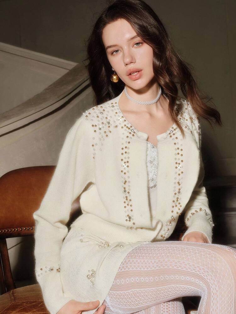 Anewsta Savoree Women's Autumn/Winter Romantic Heavy Beaded Elegant Age-Reducing Cardigan Knit Top, Round Neck, Pearl Button Front, Long Sleeve Sweater Jacket