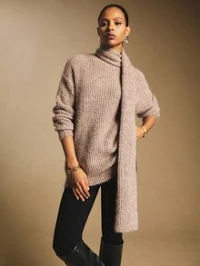Poéselle Women's Taupe Elegant Chunky Knit Sweater With Removable Scarf,Autumn Cozy 2-In-1 Oversized Turtleneck Pullover,Old Money Style Brunch Soft Jumper - Brown - View 5