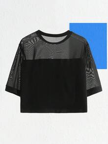 Y2Kool Morgan Reveal 艺术家标语图案网眼拼接T恤，印有“你已足够”字样，95%纯棉，适合夏季、假日、度假、音乐节、伊比沙岛风情、西部风情外出、秋季搭配、休闲时尚服装系列、新年装扮、辣妹风黑色春季穿搭、女士生日装、狂欢节服装。 - 黑色 - 查看 6