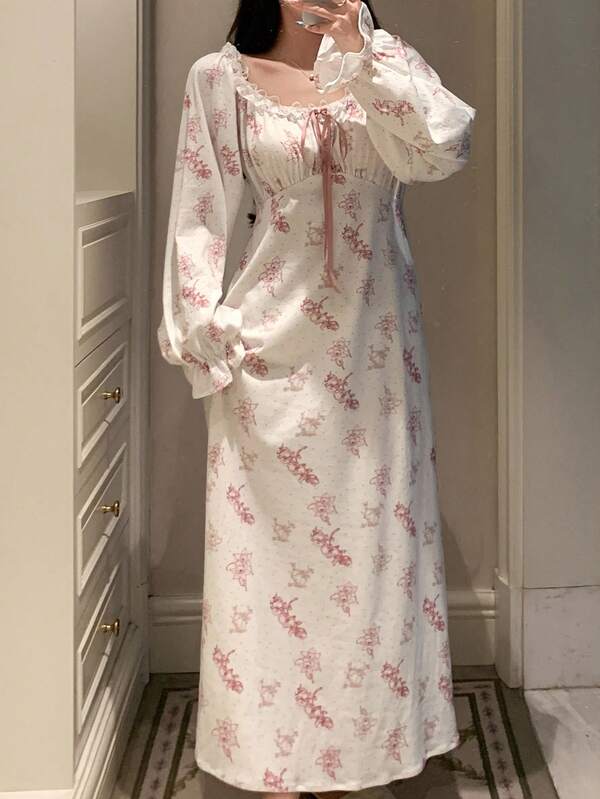 DAZY Romantic French Polka Dot & Floral Allover Print Ruffle Trim Open Front Waist Cinched Women Nightgown Pajama