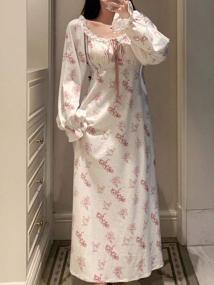 Romantic French Polka Dot & Floral Allover Print Ruffle Trim Open Front Waist Cinched Women Nightgown Pajama