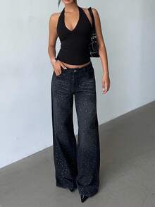 Aloruh Retro Sexy Slim Fit Washed Rhinestone Embellished Wide Leg Jeans Jeans Glittersparkle Jeansrhinestone Jeans, Fall Women Clothes - Black - View 3