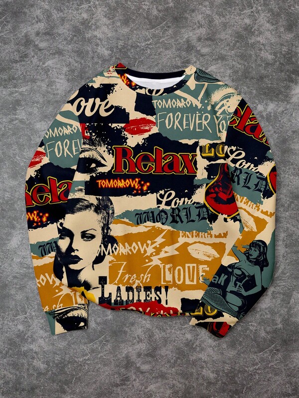 Manfinity EMRG Sweat-shirt homme grande taille avec portrait vintage, convient pour l'automne/l'hiver, Top à manches longues