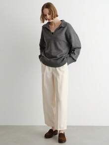 FRIFUL Women's Solid Dark Gray Turndown Collar Dropped Shoulder Long Sleeve Loose Casual Pullover Sweater, Autumn/Winter - Grey - View 5