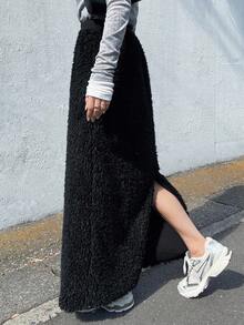 FRIFUL Women's Black Solid Color Fuzzy Textured Elastic Waist Loose Casual Versatile Straight Long Skirt, Autumn/Winter - Black - View 7