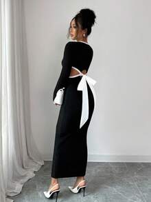 Elenzga 女士优雅镂空系带鱼尾修身连衣裙 - 黑色 - 查看 3